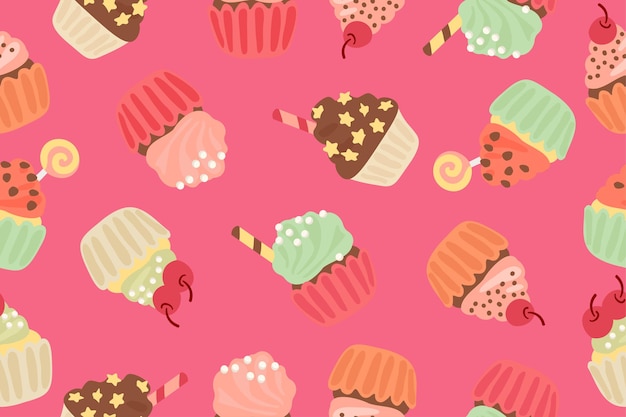 Naadloze patroon met zoete cupcakes op een roze achtergrond Zoete gebakjes met verschillende decoraties Vectorillustratie