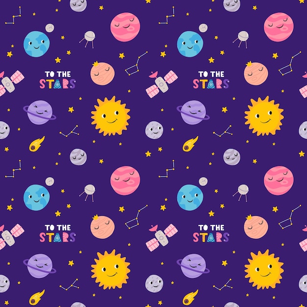 Vector naadloze patroon met zonnestelsel kids cartoon rocket ufo planeten illustratie geweldig voor behang textiel en textuur design kids design stof inpakkleding