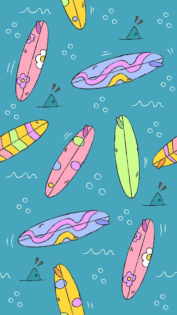 Vector naadloze patroon paddle boards of surfplanken met blauwe golf of zee achtergrond naadloos behang platte vectorillustratie