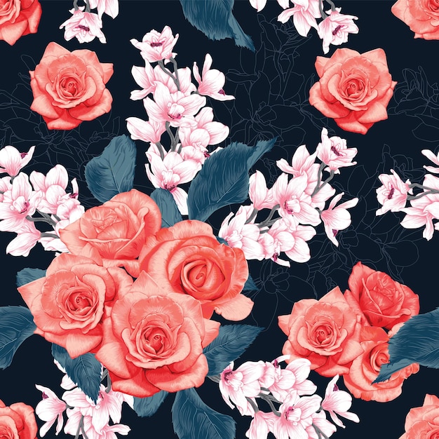 Naadloze patroon roze roos en orchideebloemen abstracte achtergrond.