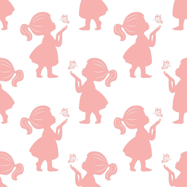 Naadloze patroon roze silhouetten van een schattig klein meisje met een vlinder in haar handen afdrukken