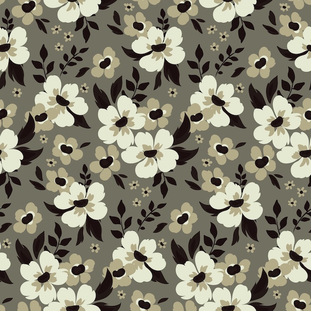 Naadloze patroon schattig bloemenprint met kleine boeketten in grijze kleuren romantische botanische achtergrond met geschilderde witte bloemen verschillende bladeren en twijgen vectorillustratie