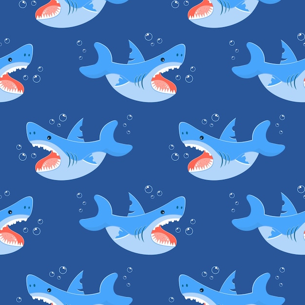 Naadloze patroon schattige cartoon haaien en bubbels op een blauwe zee achtergrond Afdrukken voor kinderen