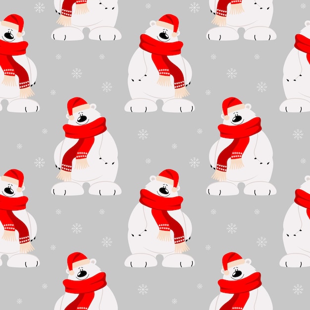 Naadloze patroon, schattige cartoon ijsbeer in een sjaal en muts op een achtergrond van sneeuwvlokken. Afdrukken