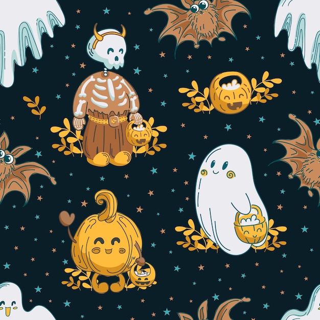 Naadloze patroon schattige Halloween-personages Schattige geesten een skelet, een pompoen en een vleermuis zingen Trick or treat jack o lantern vintage belettering Voor behangpapier inwikkeling