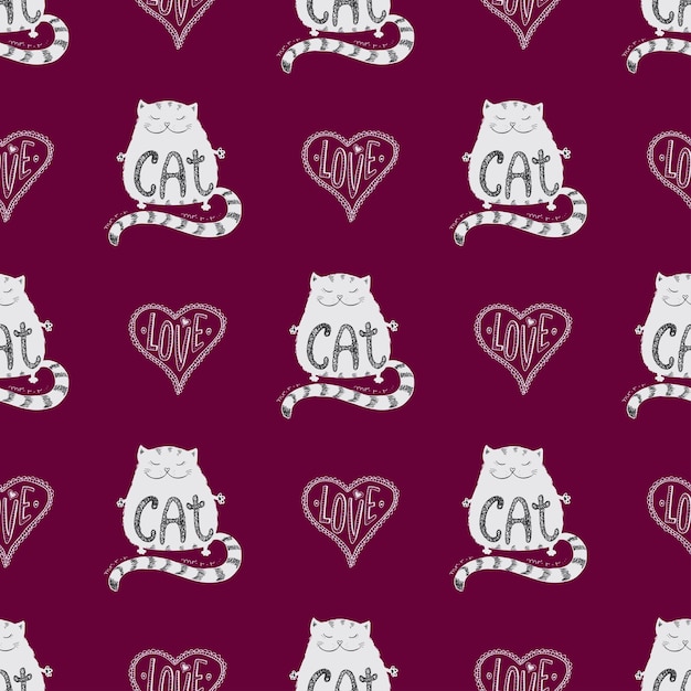 Naadloze patroon schattige kat met liefde hart handgeschreven letters kleding tshirt vectorillustratie