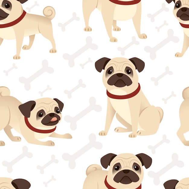 Naadloze patroon schattige kleine vriendelijke pug dog cartoon huisdier ontwerp platte vectorillustratie op witte achtergrond met botten