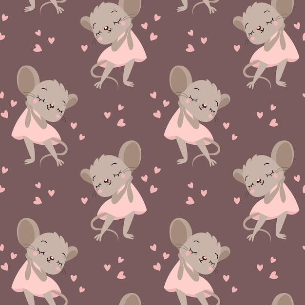 Naadloze patroon schattige verliefde muis meisjes in een roze jurk en harten op een zachte achtergrond