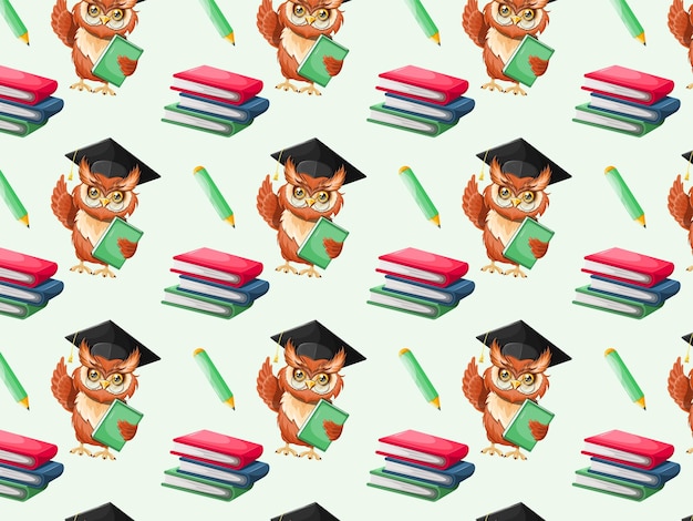 Naadloze patroon slimme uil afgestudeerd met boeken en potlood