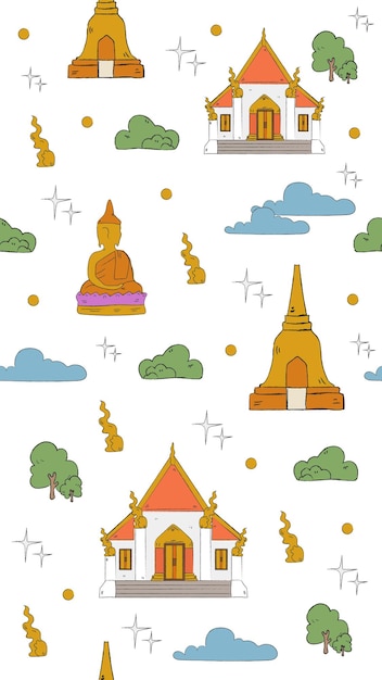 Vector naadloze patroon thaise boeddhistische tempel met witte achtergrond naadloos behang platte vectorillustratie