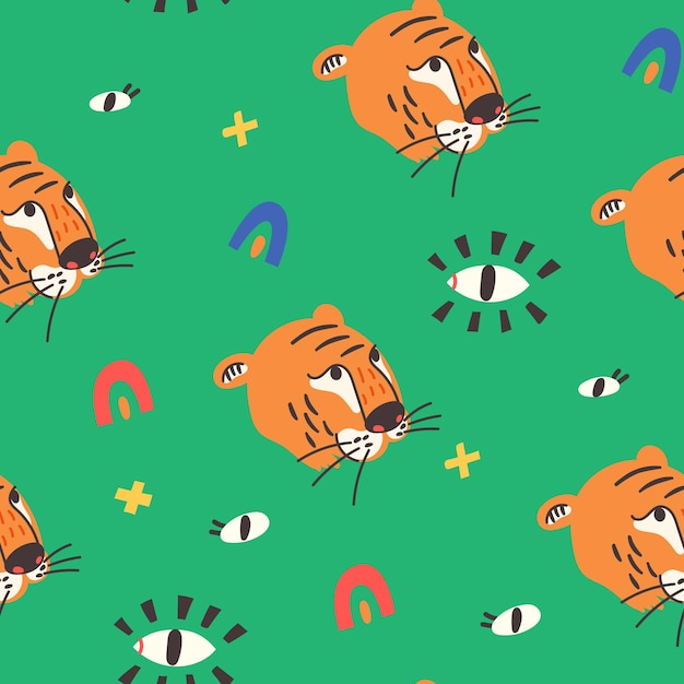 Naadloze patroon tijger gezicht ogen op groene achtergrond. Wild Cat predator oranje en zwart vector moderne vlakke stijl achtergrond