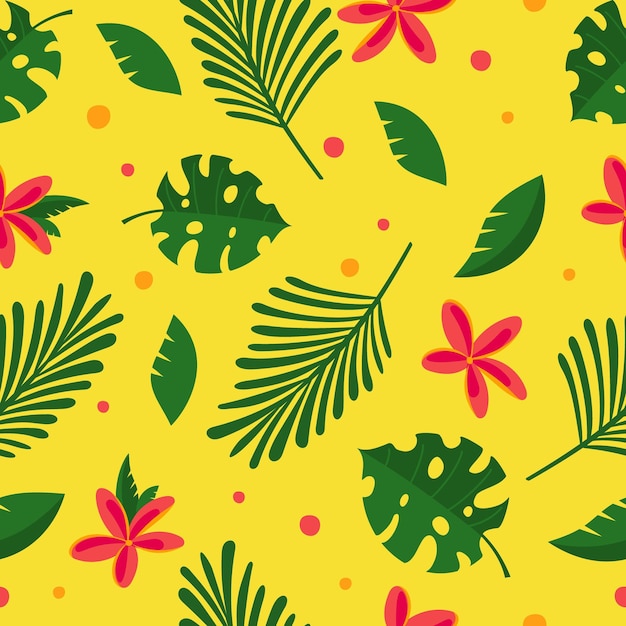 Naadloze patroon tropische groene bladeren en bloemen Vector illustratie geïsoleerd op geel