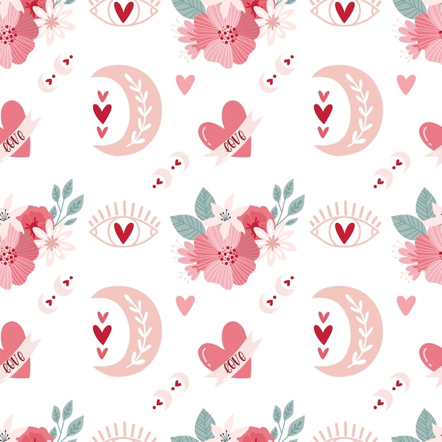 Naadloze patroon Valentijnsdag in boho-stijl. Boheemse romantische patroon gelukkige Valentijnsdag. Boho regenboog, hart en bloemen. Vector