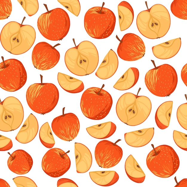 Naadloze patroon van appels hele gehalveerde en gesneden stukken platte vectorillustratie op witte background