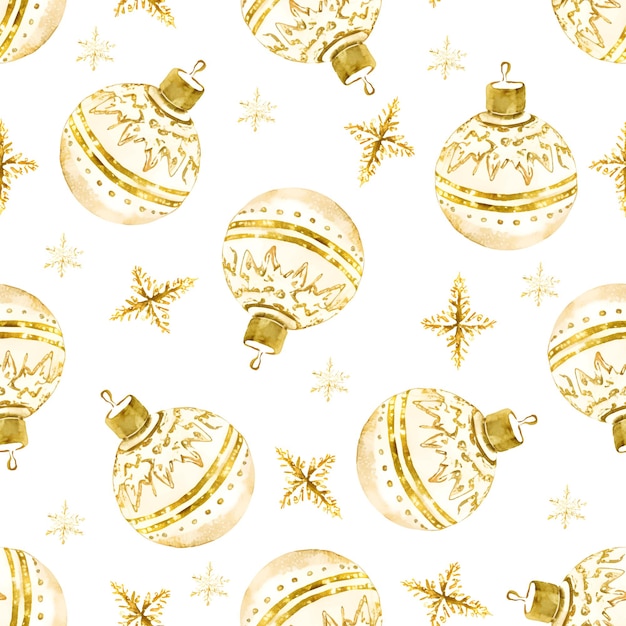 Vector naadloze patroon van aquarel goud geel glanzende kerstballen en sneeuwvlokken vectorillustratie