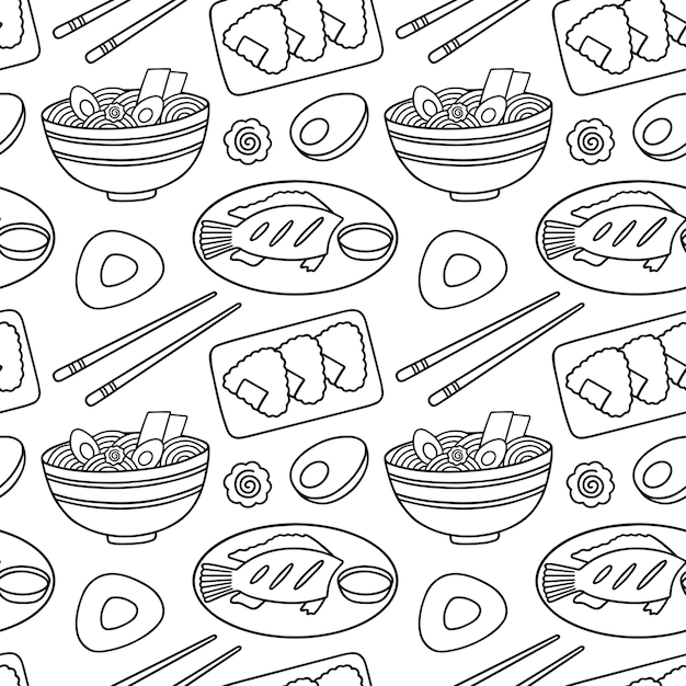 Naadloze patroon van Aziatisch eten doodle set Aziatische keuken in schets stijl