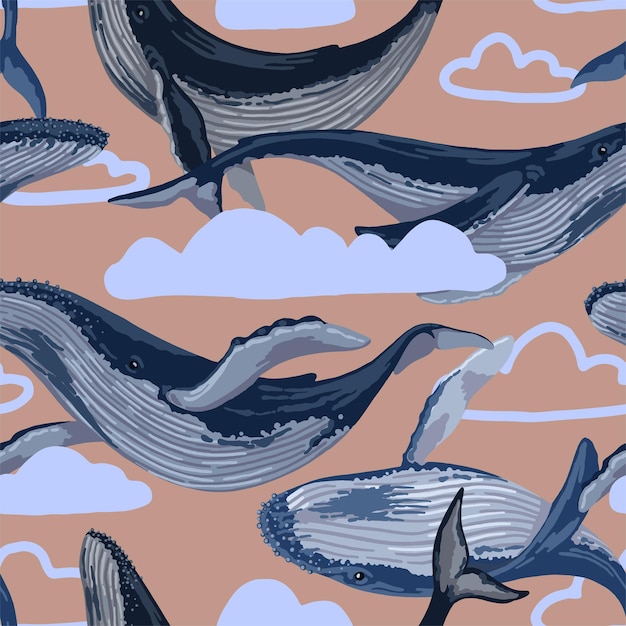 Naadloze patroon van blauwe vinvissen. Hand getekend vectorillustratie. Oceaan onderwater dier sieraad. Gekleurd ontwerp voor stof, textiel, achtergrond, behang.