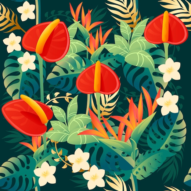 Naadloze patroon van decoratieve boeket bloemen rode anthurium bloemen element voor tuin of bloempot platte vectorillustratie op groene background