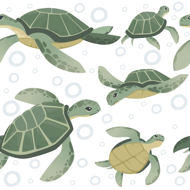 Naadloze patroon van grote groene zeeschildpad cartoon schattige dieren ontwerp oceaanschildpad zwemmen in water platte vectorillustratie op witte achtergrond