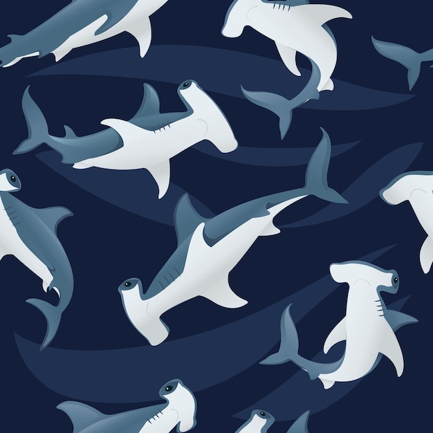 Naadloze patroon van hamerhaai onderwater gigantische dierlijke eenvoudige cartoon characterdesign platte vectorillustratie op donkerblauwe background