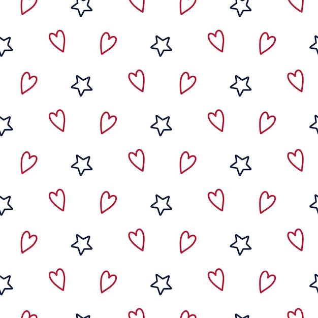 Vector naadloze patroon van handgetekende 4 juli doodle sterren en harten in rood wit en blauw