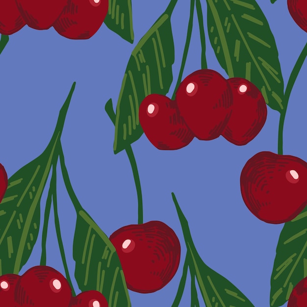 Naadloze patroon van kersenboom bessen Zomer fruit ornament Cartoon platte vectorillustratie Fris abstract ontwerp