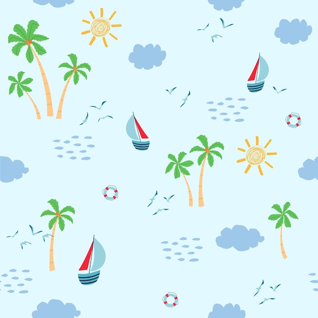 Naadloze patroon van kinderen met zomer zeegezicht zeilboot palmbomen Seagull op witte achtergrond Cute textuur voor kinderkamer ontwerp Wallpaper textiel kleding vectorillustratie