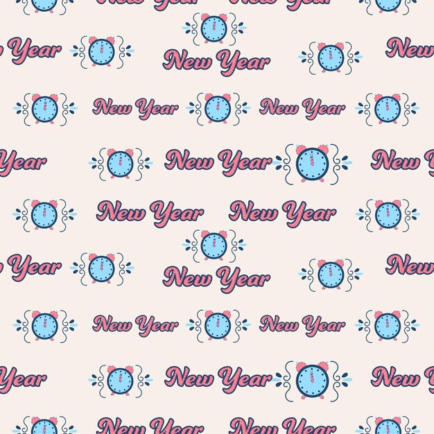 Naadloze patroon van Nieuwjaar lettertype met wekker op roze achtergrond.