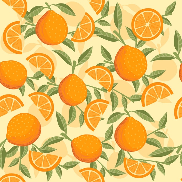 Naadloze patroon van oranje citrus geel fruit geheel gehalveerd en gesneden met groene bladeren platte vectorillustratie op beige background