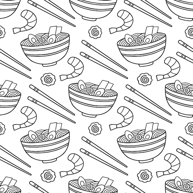 Vector naadloze patroon van ramen doodle aziatische traditionele gerechten in schets stijl japanse keuken