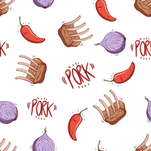 Naadloze patroon van rib steak chili en ui met doodle stijl