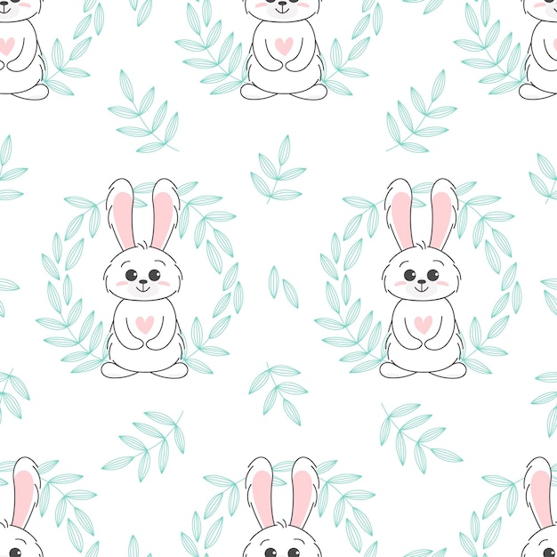 Naadloze patroon van schattige bunny baby en kinderen concept Happy Easter konijnen verschillende poses stripfiguren Bunny met bloemen bladeren ontwerp voor baby kids poster kaart invitaton Vector