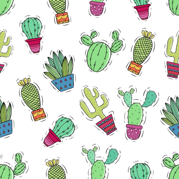 naadloze patroon van schattige cactus met gekleurde doodle of hand tekenen stijl