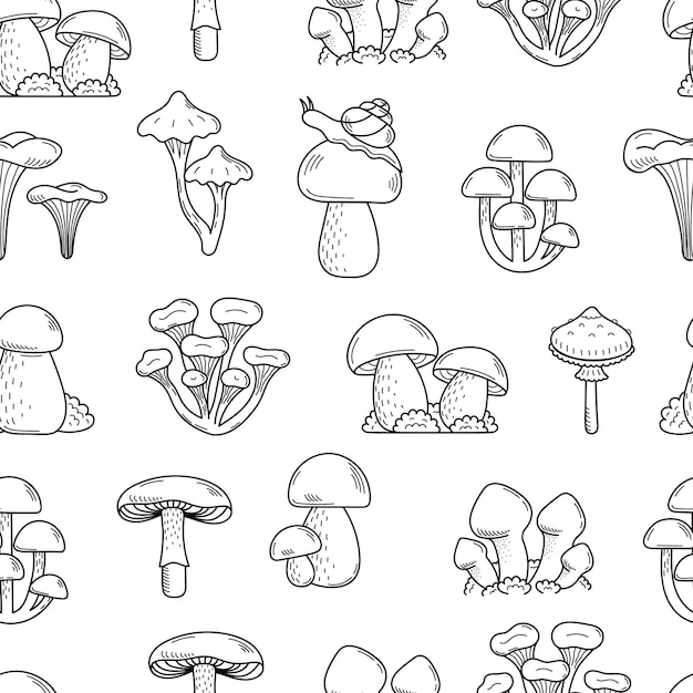 Naadloze patroon van schattige doodle paddestoelen. eetbare en giftige paddenstoelen, vliegenzwam