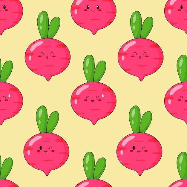 Naadloze patroon van schattige kawaii radijs. plantaardige print met verschillende emoties van radijs. platte vector