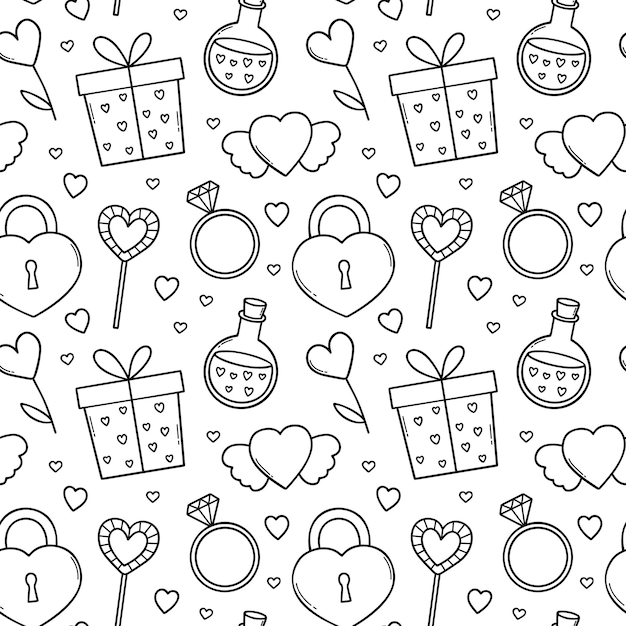 Naadloze patroon van Valentijnsdag doodle set Liefde elementen in schets stijl Hand getrokken vectorillustratie