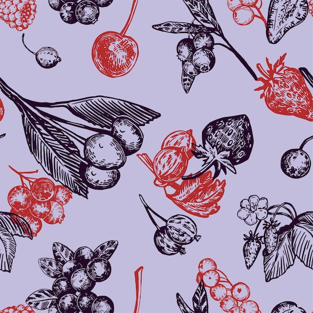 Naadloze patroon van verschillende bessen zomer fruit berry ornament Hand getrokken vectorillustratie Retro gravure stijl ontwerp voor decor wallpaper background