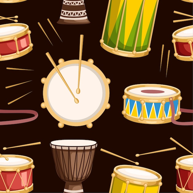 Naadloze patroon van verschillende drums met drumstick platte vectorillustratie op witte background