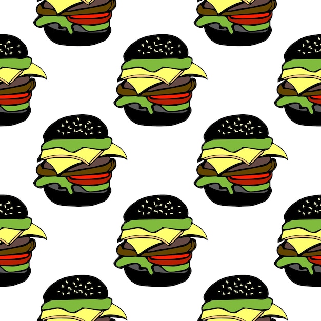 Naadloze patroon vectorillustratie een zwarte hamburger in cartoon-stijl op witte background