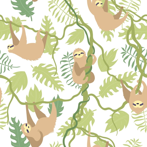 Naadloze patroon vectorillustratie van schattige luiaard met jungle bladeren. cartoon baby klimmende luiaards