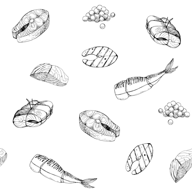 Naadloze patroon Visvoer zalm steak filet Hand getrokken schets vector geïsoleerd