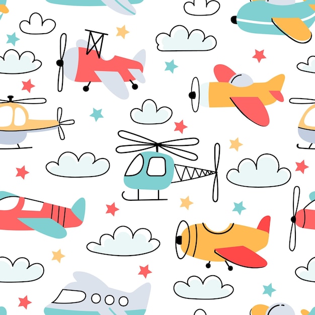 Naadloze patroon voor jongen met cartoon kinderen vliegtuig en helikopter. Kinderkamer behang met vliegende vliegtuigen en wolken. Luchtvervoer vector print