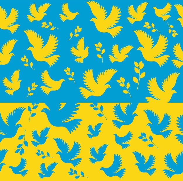 Naadloze patroon vredesduif met een olijftak vector plat naadloos patroon in blauw en geel