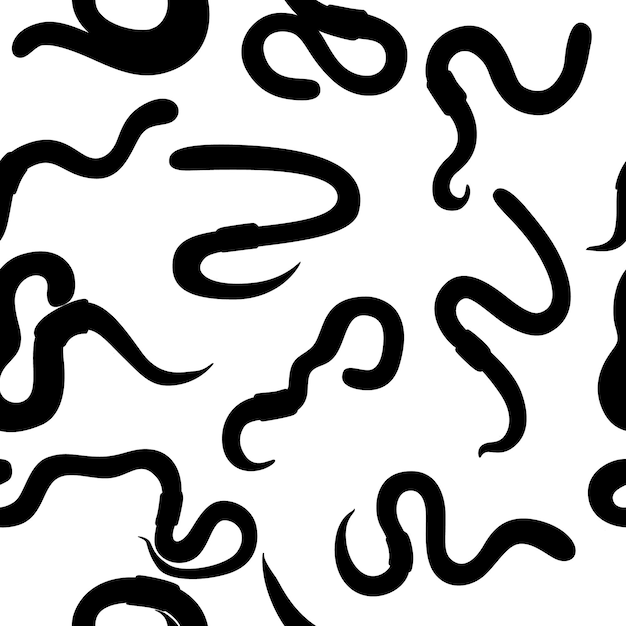 Naadloze patroon zwart silhouet van regenworm kruipen cartoon worm ontwerp platte vectorillustratie op witte background