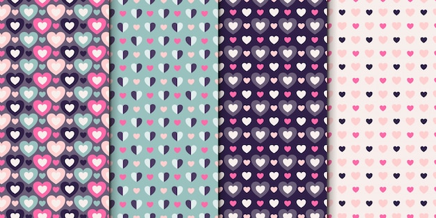 Naadloze patroonreeks van 4 ontwerpen met harten. patroonverzameling met harten.