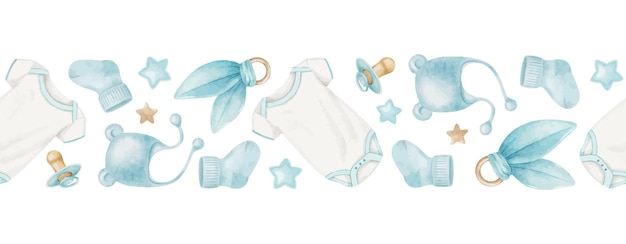 Naadloze rand van accessoires voor pasgeboren jongen bodysuit zuigkap sokken sterren en tanden geïsoleerde waterverf illustraties voor kinderen goede en winkel kaarten baby douche kinderen kamer