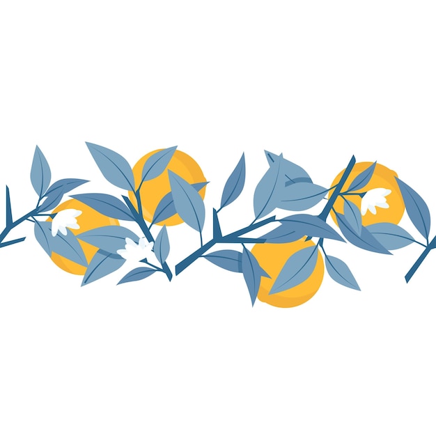 Naadloze rand van oranje en blauwe takken met bladeren en witte bloemen