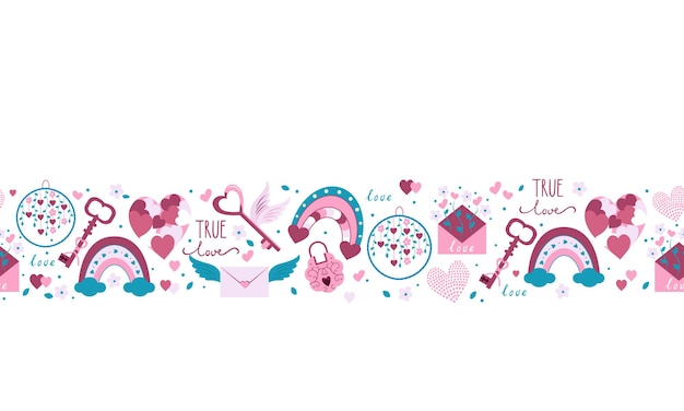 Naadloze rand van Valentijnsdag symbolen Valentijnsdag plat pictogrammen in roze kleuren