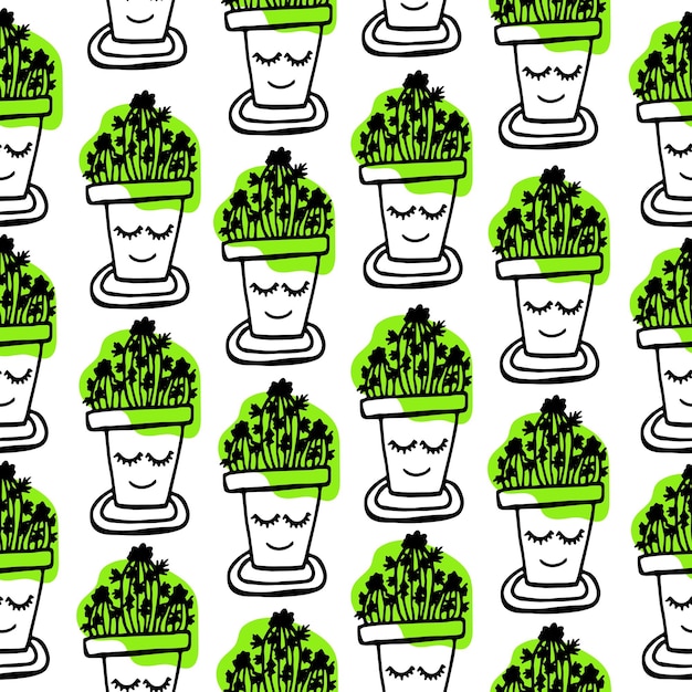 Naadloze Scandinavische patroon met schattige doodle schets hand getekende cactus in de pot Vector illustrat