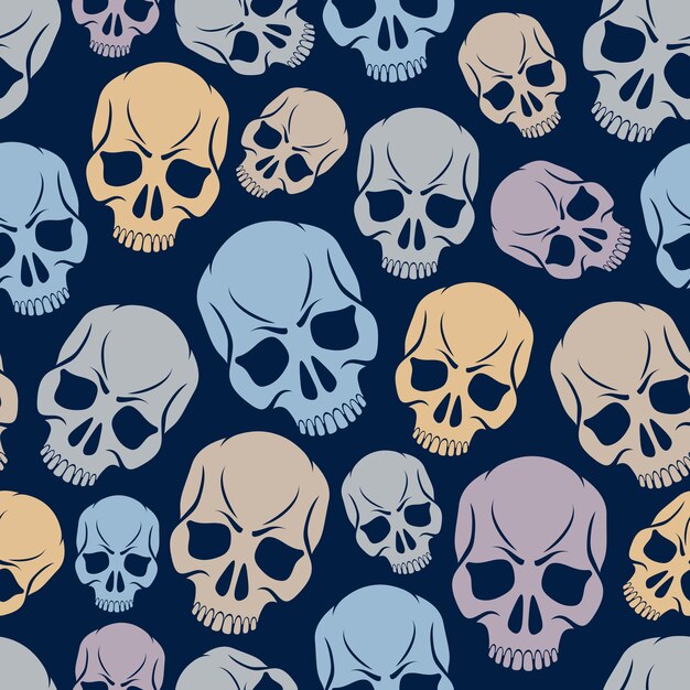 Vector naadloze schedels achtergrond, vector patroon met gekke sculls, horror en dood thema, hard rock en rock n roll subcultuur prints textiel, gevaar en gevaar.